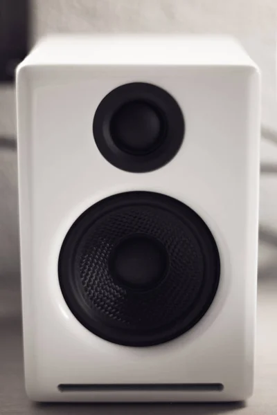 Monocromo Primer Plano Altavoz Escritorio Laca Piano Blanco Diseño — Foto de Stock