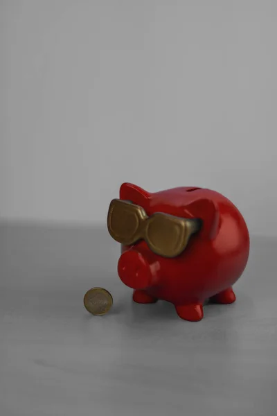 cool red piggy bank with golden glasses with one euro coin isolated on wooden table, treasure