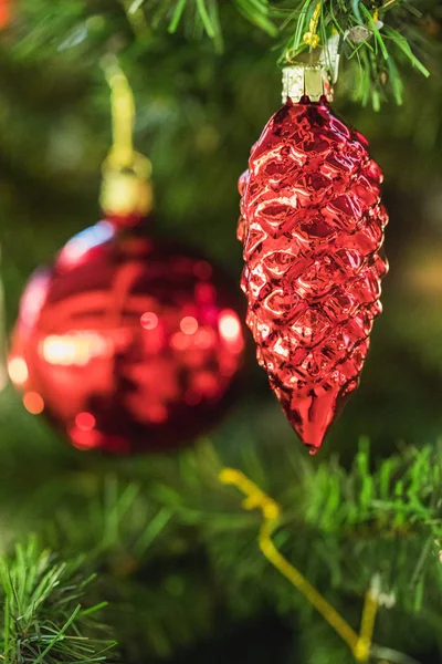 Bir Noel Ağacı Noel Üzerinde Parlak Bir Top Yakın Çekim — Stok fotoğraf