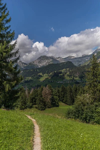 Caminhadas através de alpes suíços em um dia ensolarado com céu azul perto de togg — Fotografia de Stock