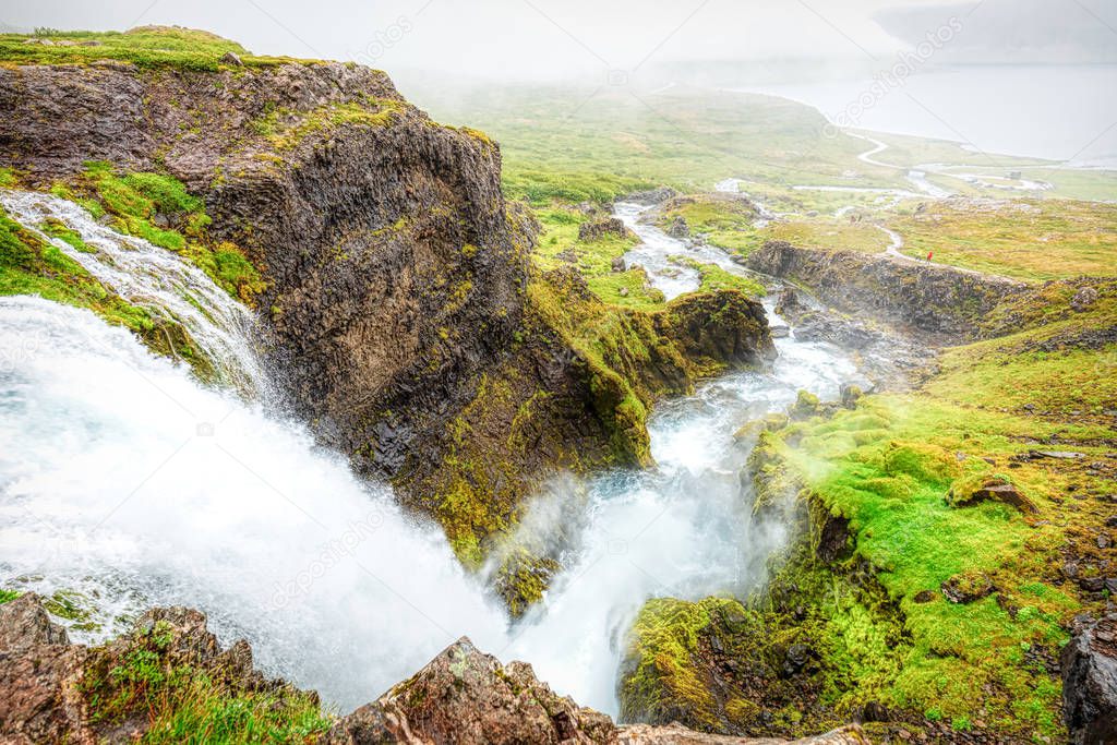 view down from dynjandi waterfall in the westfjords on iceland