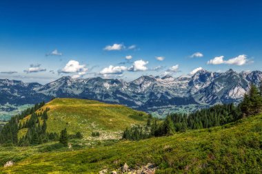 Togg yakınında mavi gökyüzü ile güneşli bir günde İsviçre alpleri ile Yürüyüş