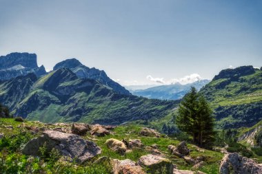 Togg yakınında mavi gökyüzü ile güneşli bir günde İsviçre alpleri ile Yürüyüş