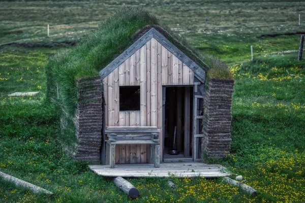 Typowy drewniany dom z dachem zielonych traw na Icelandzie — Zdjęcie stockowe