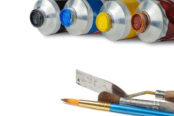 Set Opened Oil Paint Tubes Art Equipment White Surface Isolated — Stock Photo, Image