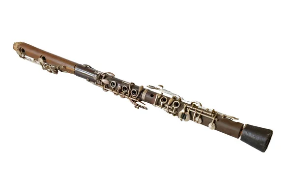 Clarinete Velho Fundo Branco Isolado — Fotografia de Stock