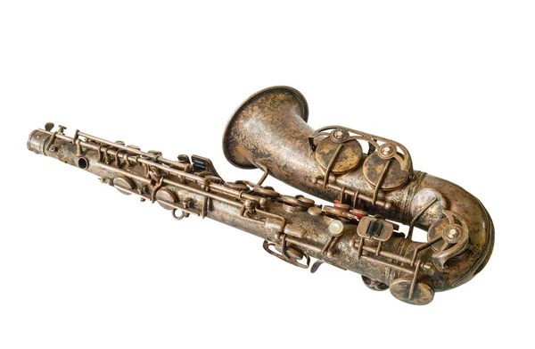 Oude Saxofoon Een Witte Achtergrond Geïsoleerd — Stockfoto