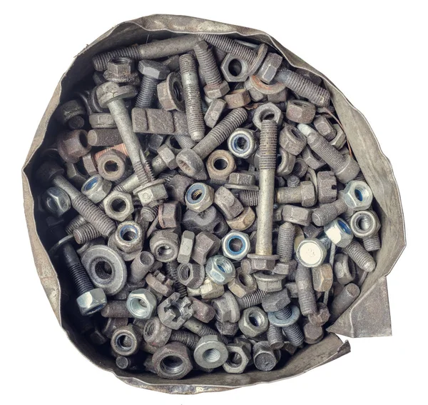 Old Bolts Screw Nuts Crumpled Pail White Background — Stock Photo, Image
