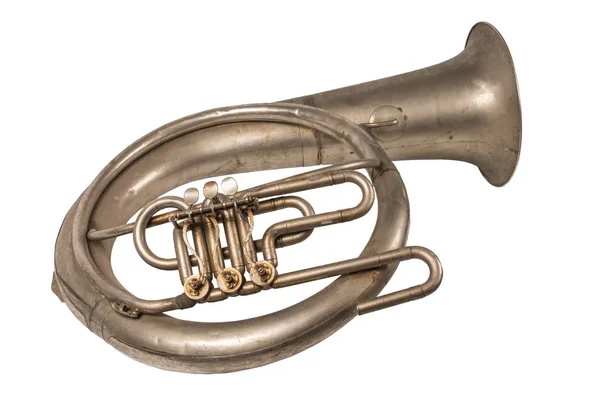 Gamla Vintage Franskt Horn Med Bakgrund Isolerade — Stockfoto