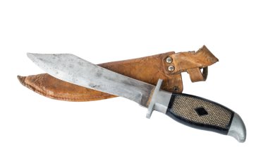 Beyaz arka plan üzerinde izole deri kılıç kını ile Avcı bıçağı