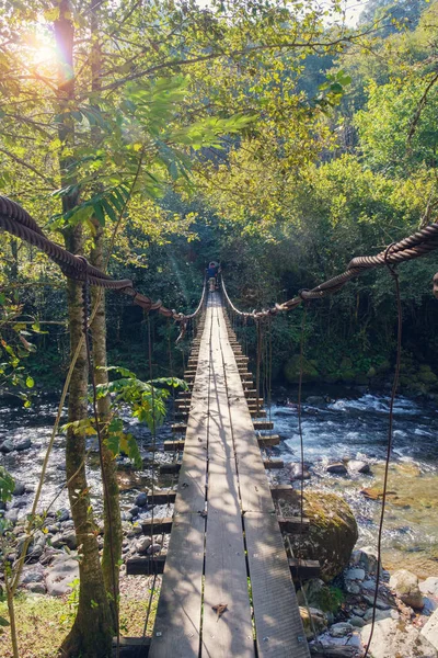 Hanged rope bridge over the river in the forest