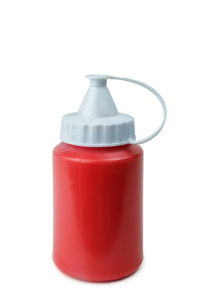 Κόκκινη Ακρυλική Μπογιά Στο Πλαστικό Δοχείο Απομονωμένες Λευκό Φόντο — Φωτογραφία Αρχείου