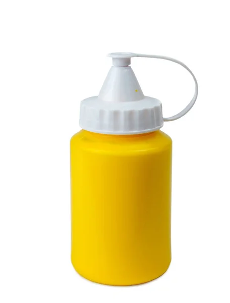 Tinta Acrílica Amarela Recipiente Plástico Fundo Branco Isolado — Fotografia de Stock