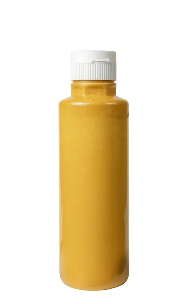 Tinta Acrílica Amarela Escura Recipiente Plástico Fundo Branco Isolado — Fotografia de Stock