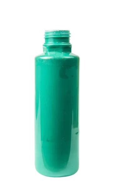 Tinta Acrílica Verde Recipiente Plástico Fundo Branco Isolado — Fotografia de Stock