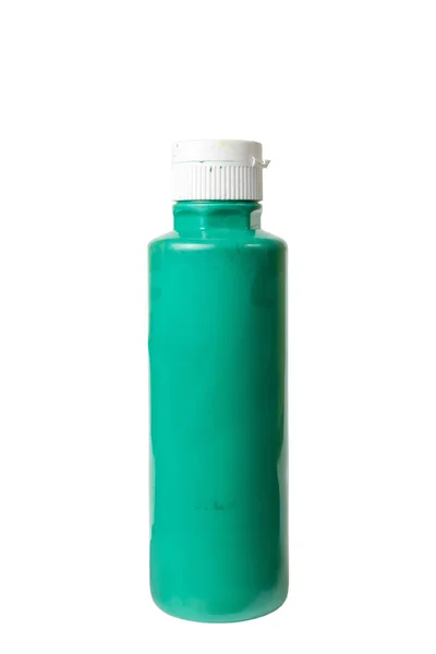 Tinta Acrílica Verde Recipiente Plástico Fundo Branco Isolado — Fotografia de Stock