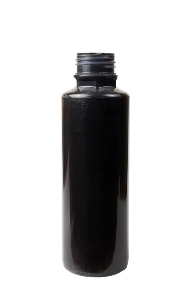 Czarna Farba Akrylowa Plastikowym Pojemniku Białym Tle — Zdjęcie stockowe