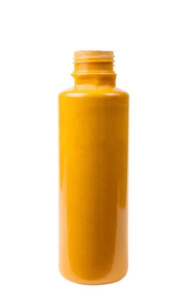 Tinta Acrílica Amarela Recipiente Plástico Fundo Branco Isolado — Fotografia de Stock