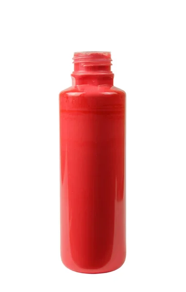 Tinta Acrílica Vermelha Recipiente Plástico Fundo Branco Isolado — Fotografia de Stock