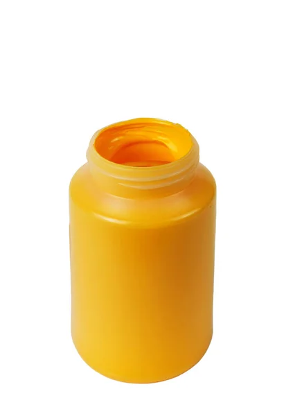Darh Tinta Acrílica Amarela Recipiente Plástico Fundo Branco Isolado — Fotografia de Stock