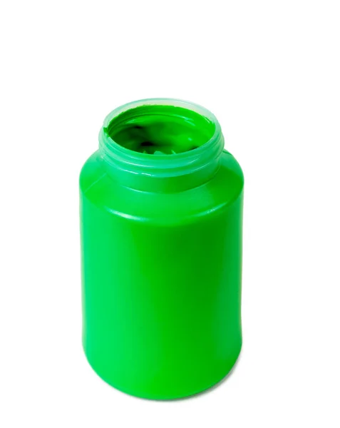 Tinta Acrílica Verde Recipiente Plástico Fundo Branco Isolado — Fotografia de Stock