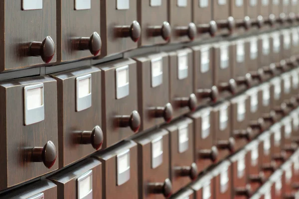 Library Wooden Catalog File Cabinet Selective Focus — Stock Photo, Image