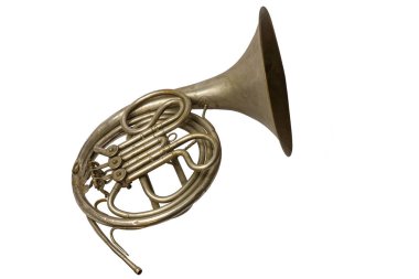 Eski vintage Fransız kornosu izole beyaz bir arka plan üzerinde