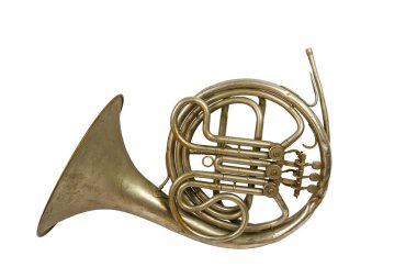 Eski vintage Fransız kornosu izole beyaz bir arka plan üzerinde