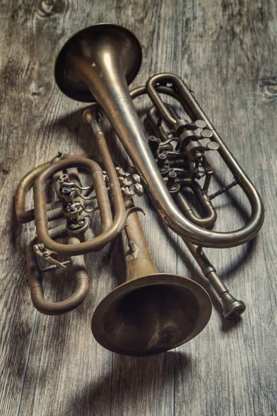 Vintage Trumpeter Trä Yta Mjukt Fokus — Stockfoto