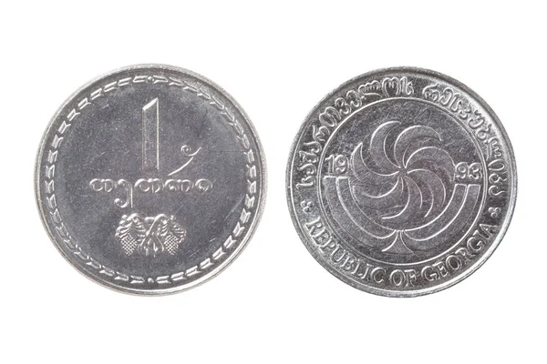 Boca de la moneda georgiana 1 tetri sobre un fondo blanco — Foto de Stock