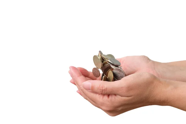 A kéz tenyerében lehulló érmék — Stock Fotó