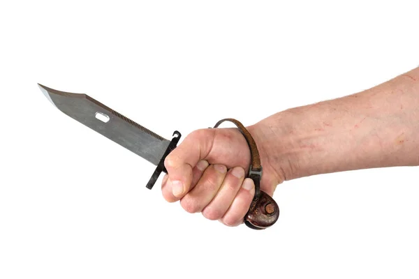 Hand Scratches Holding Hunter Knife Hand Knife Isolated White Background — Stock Photo, Image