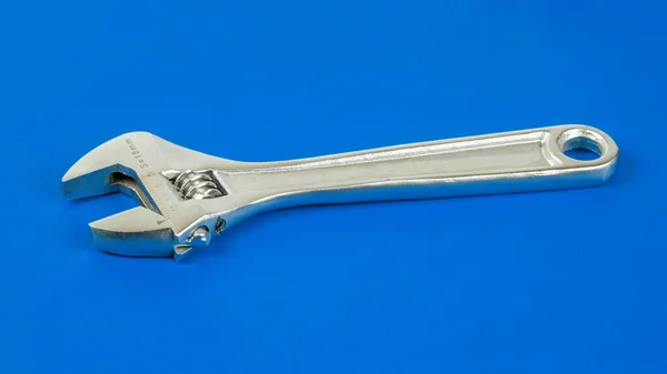 Adjustable Wrench Ruler Blue Background — Stock Photo, Image