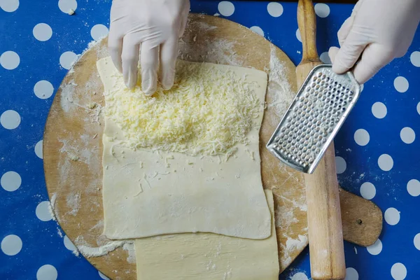 Hands Chef Grating Cheese Flat Dough — Stock Photo, Image