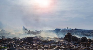Yangından sonra dumanla kaplı bir sahil. Kıyıda yanmış odun 