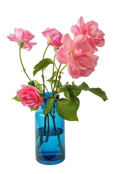 Różowe Róże Niebieskim Przezroczystym Szklanym Wazonie Wyizolowanym Białym Tle — Zdjęcie stockowe