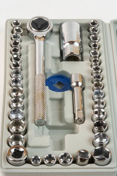 Steckschlüssel Und Verschiedene Schraubenköpfe Kunststoff Werkzeugkasten — Stockfoto