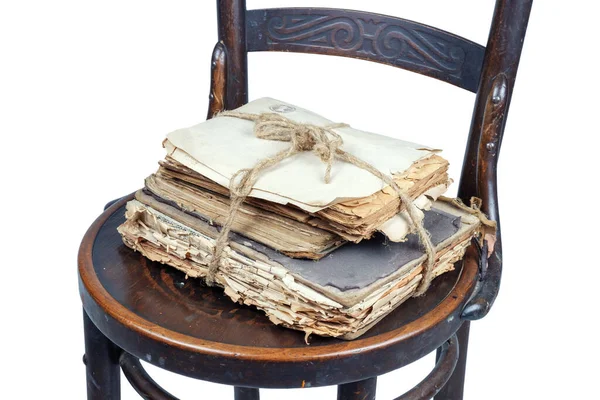 Livres Papiers Anciens Attachés Avec Une Corde Sur Une Chaise — Photo