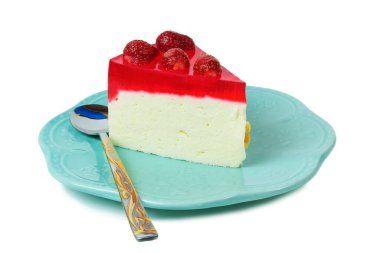 Porsiyon peynirli kek. Taze çilek ve çilekli reçelli. Hem de eski bir deniz mavisi tabağında.