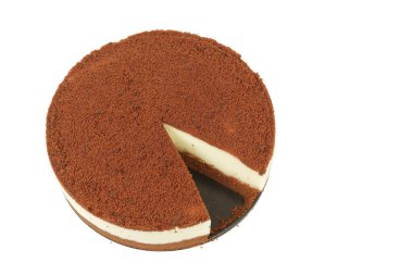 Çikolatalı pasta kayıp. Beyaz arka planda izole edilmiş bir parça. Üst manzara.