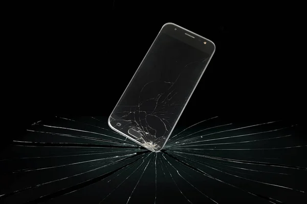 Smartphone Cayendo Estrellándose Superficie Vidrio Oscuro Accidente Con Teléfono Inteligente — Foto de Stock