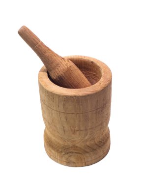 Beyaz arka planda izole edilmiş ahşap bir tokmağı olan ahşap havan topu.