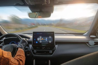 Asfalt kırsal yolda direksiyondaki bir kadının eli.