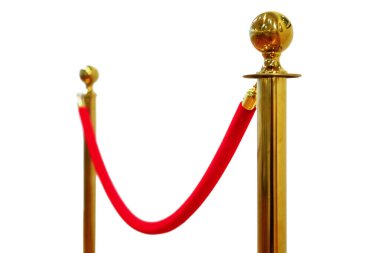 Beyaz arka planda kırmızı dikişsiz ipli altın bariyer. yumuşak odak izole edildi
