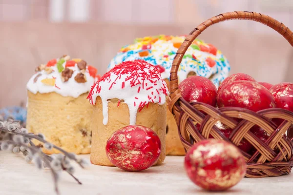 Easter basket with painted eggs, Easter Cakes, Bread, Kulich, Paska. Happy easter.