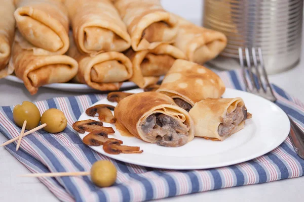 Maslenitsa Pancake Rolls French Stuffed Crepes Mushrooms — Stock Photo, Image