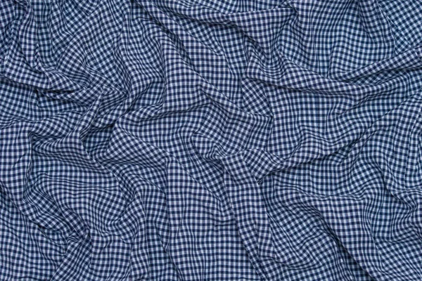 Nahaufnahme Von Zerknittertem Blaugrau Kariertem Stoff Hintergrund Textur Textiles Konzept — Stockfoto