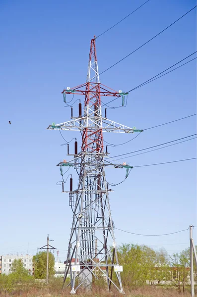 Support High Voltage Power Lines Close Blue Sky Clouds Electrical — Stock Photo, Image