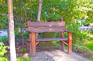 Parkta özgün boş ahşap Bank. Yaz