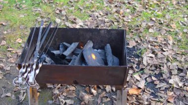 Izgara ateş açın. Etsiz şiş ızgara. Charcoals yanıyor.